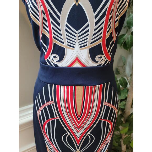 Sandra Darren Dress Womens 12 Navy Red Geometric Sheath Career Party Lined - Picture 6 of 12
